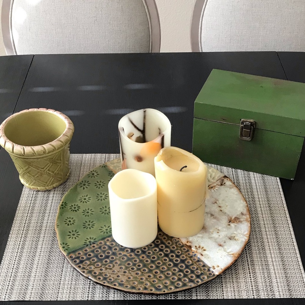 Green Rustic home decor bundle candle holder wooden box plant pot